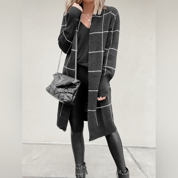 New Leith Knit Window Pane Cozy Long Sleeve Stripe Cardigan Size XS Women Black - Picture 2 of 14